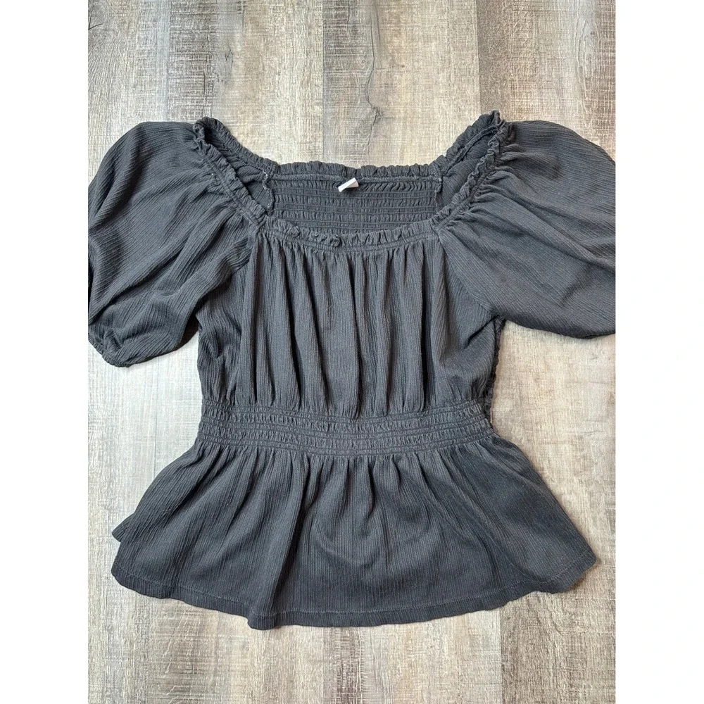Old Navy Womens Black Smocked Peplum Top Puff Sleeve Square Neck Gauze Large